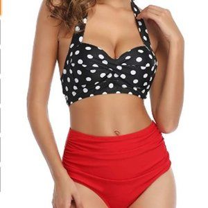 Tempt Me Women Two Pieces Vintage Swimsuit Retro Halter Ruched High Waist Bikini